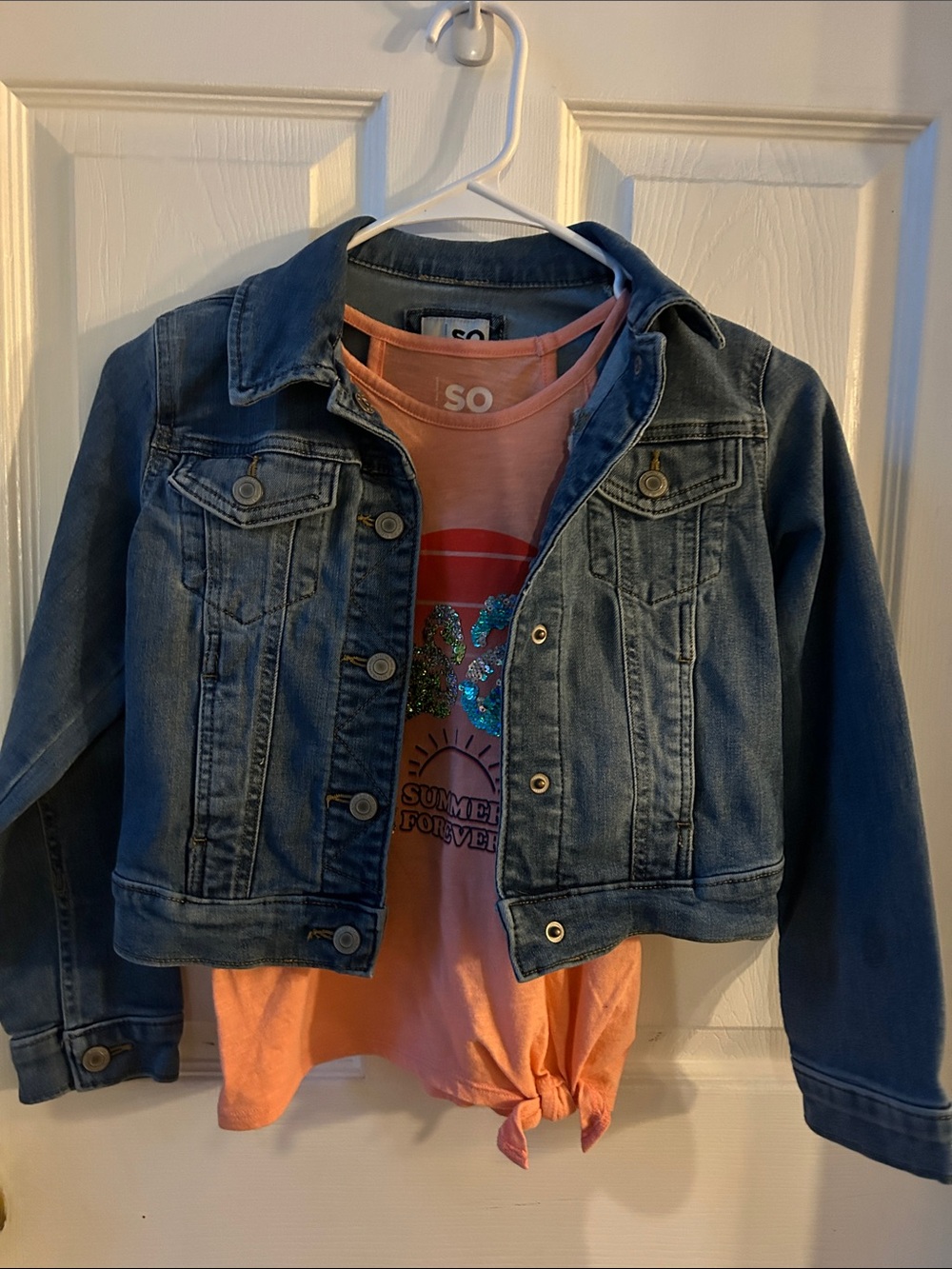 Kids Denim Jacket with Peach Graphic Tank Top